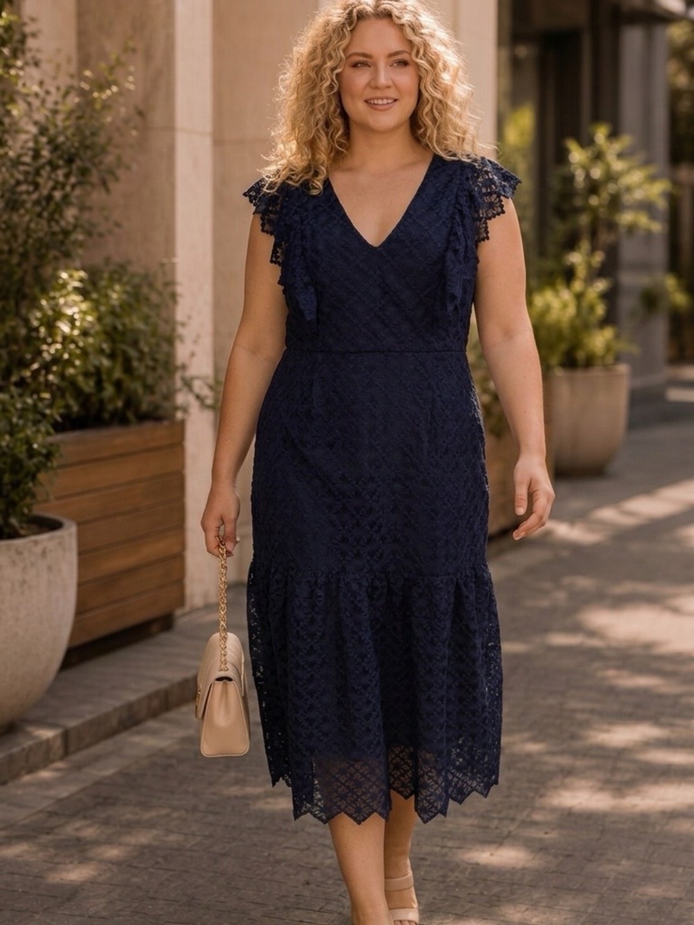 ANTONIO MELANI Navy Lace V-Neck Midi Dress
